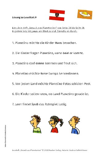 Besuch aus Planetanien – Lösungen zu Leseblatt 09