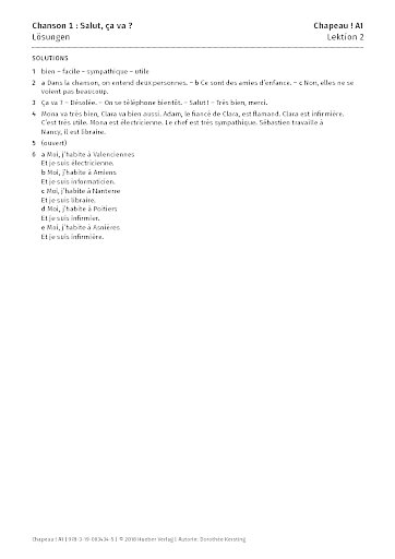 Chanson 1 : Salut, ça va ? – Lösungen