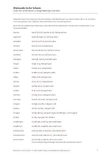 Liste unregelmässige Verben