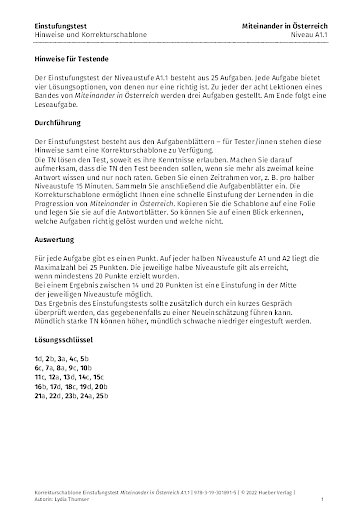 Einstufungstest – Korrekturschablone