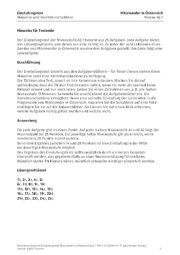 Einstufungstest – Korrekturschablone