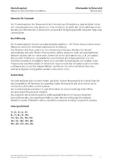 Einstufungstest – Korrekturschablone