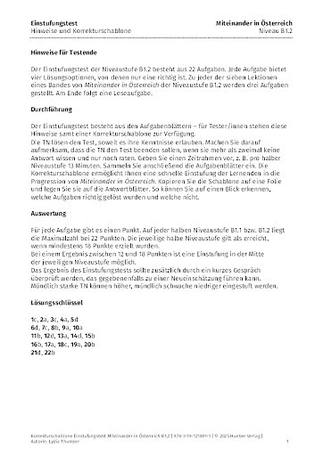 Einstufungstest – Korrekturschablone