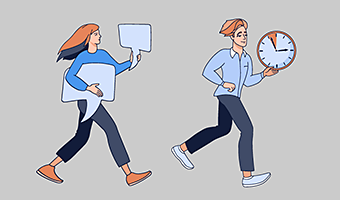 Illustration: Eine Frau mit Sprechblasen läuft hinter einem Mann, der eine Uhr in der Hand hält, auf der 5 Minuten farbig markiert sind.
