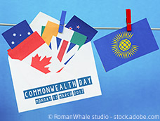 Illustration zum Commonwealth Day mit Flaggen der Commonwealth Staaten, die an einer Leine hängen.