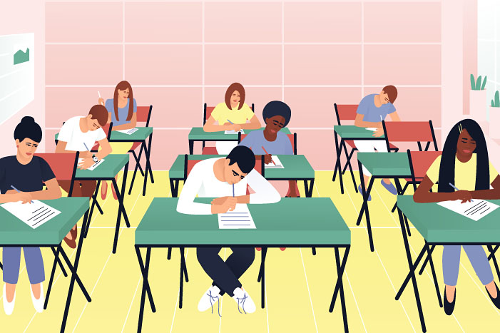 Illustration mit einer Gruppe Menschen in einem Klassenraum, die an einer Prüfung teilnehmen.