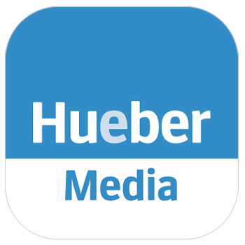 Blau-weißes Icon der Hueber Media App