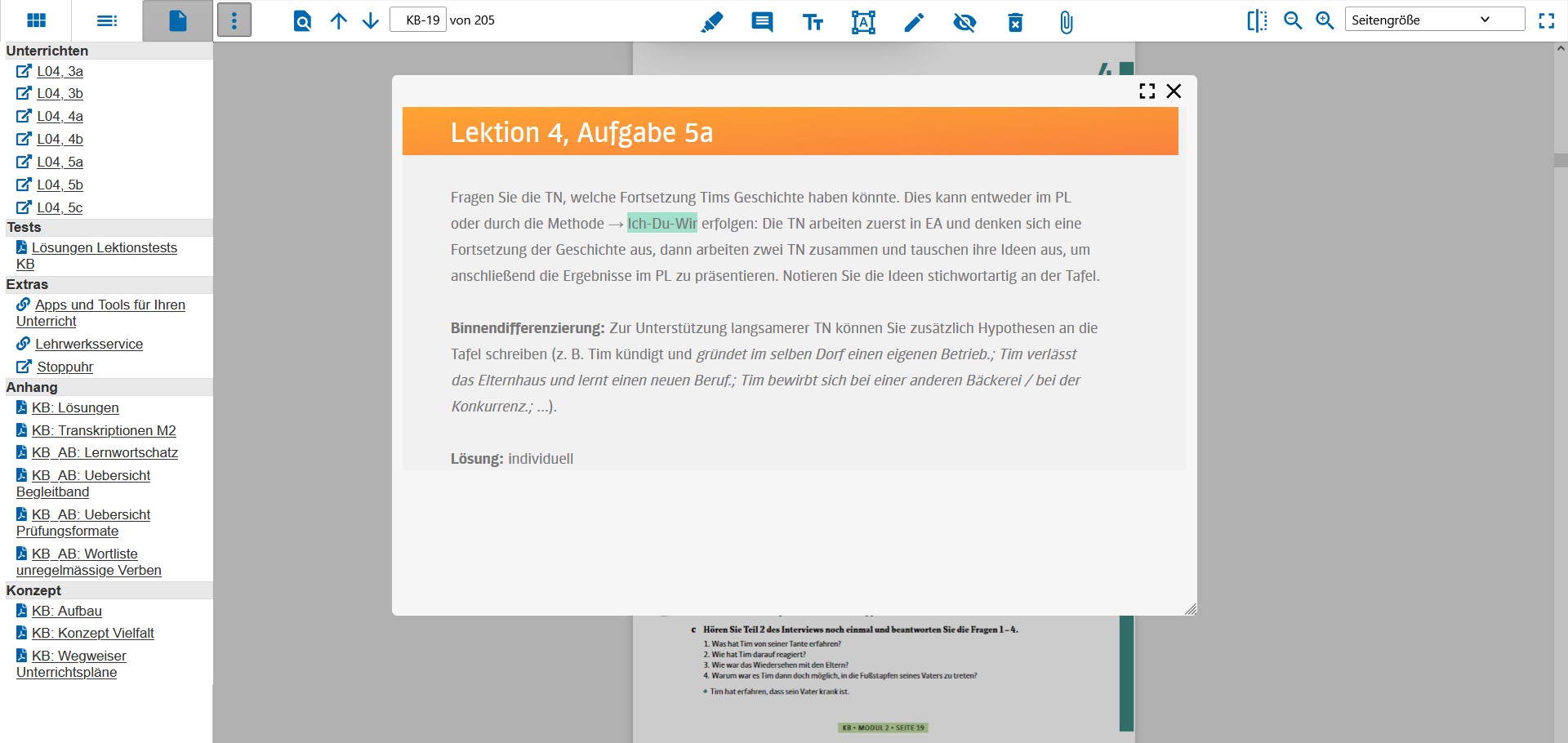 Screenshot einer Übung im digitalen Unterrichtsplaner mit Anmerkungen für die Lehrkraft