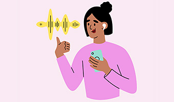 Illustration von einer Frau, die über ein Smartphone etwas anhört