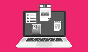 Illustration von einem Laptop mit unterschiedlichen Texten auf dem Monitor