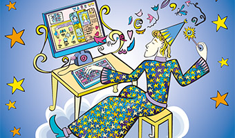 Illustration eines Zauberers, der vor einem Computer sitzt und zaubert