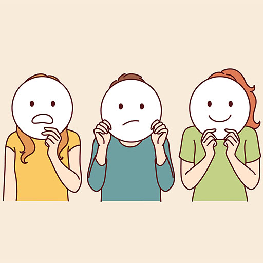 Illustration von 3 Personen, die sich einen Smiley mit unterschiedlichen Stimmungen vor das Gesicht halten.