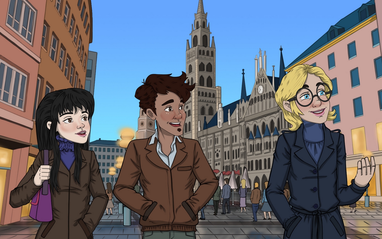 Illustration: drei Personen auf dem Marienplatz in München